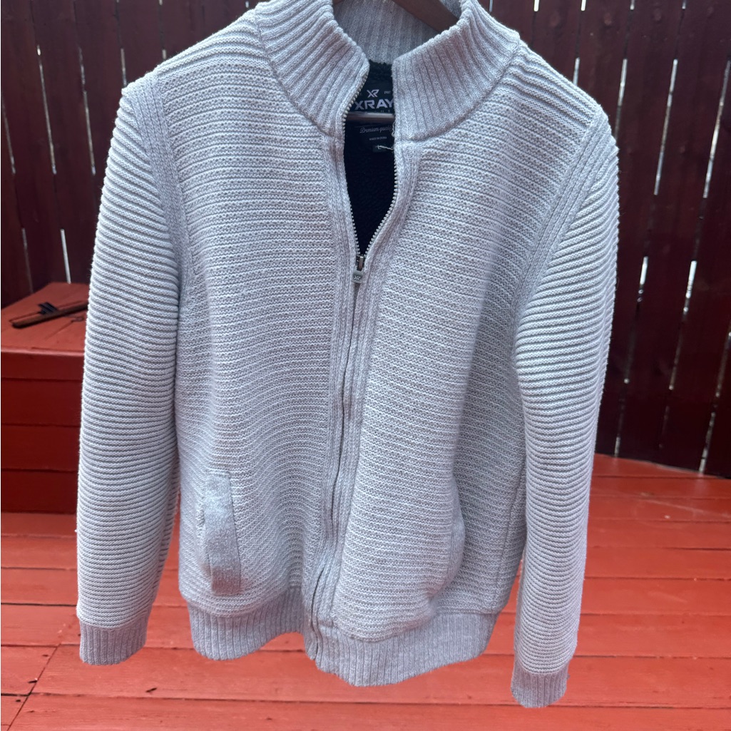 Gray Ribbed Zip Up Jacket, Fuzzy Inside